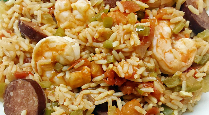 Jambalaya mit Shrimps und Wurst